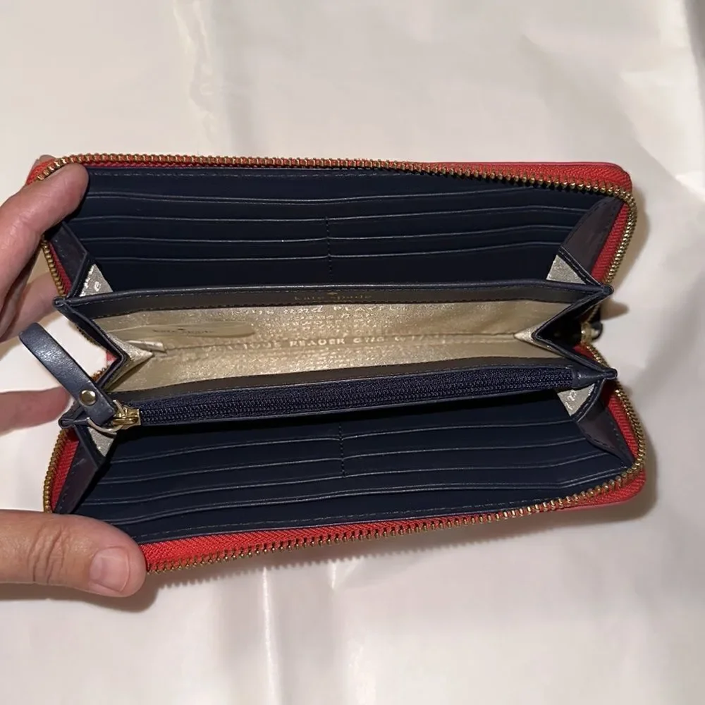 kate spade White Coral Pink Stripe Zip Around Leather Wallet